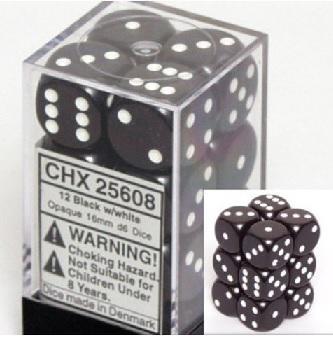 Chessex 12 D6 Opaque Black/White